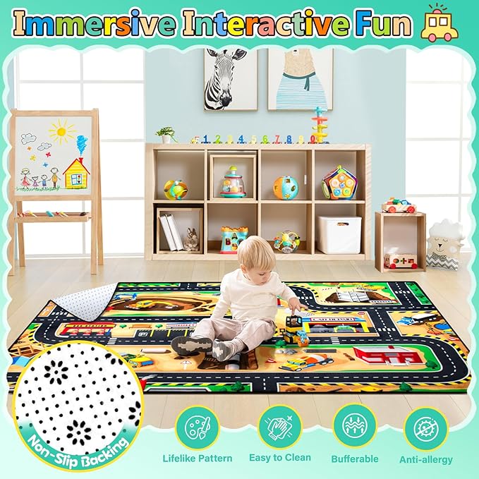Kids 5x7 Ft Construction Site Play Rug, Baby Play Mat, Tufted Wool & Rubber, Non-Slip, Stain & Fade Resistant, Machine Washable, Rustic Cartoon Construction Site Pattern