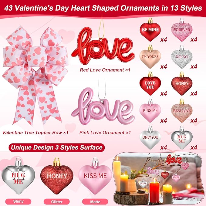 43Pcs Valentine's Day Heart Shaped Ornaments with Valentine Tree Topper Bow, 13 Styles Heart Shaped Ornament with Sweet Love Words, Valentine Ornaments for Tree Wedding Anniversary Decoration