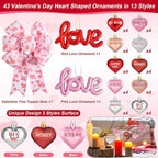 43Pcs Valentine's Day Heart Shaped Ornaments with Valentine Tree Topper Bow, 13 Styles Heart Shaped Ornament with Sweet Love Words, Valentine Ornaments for Tree Wedding Anniversary Decoration