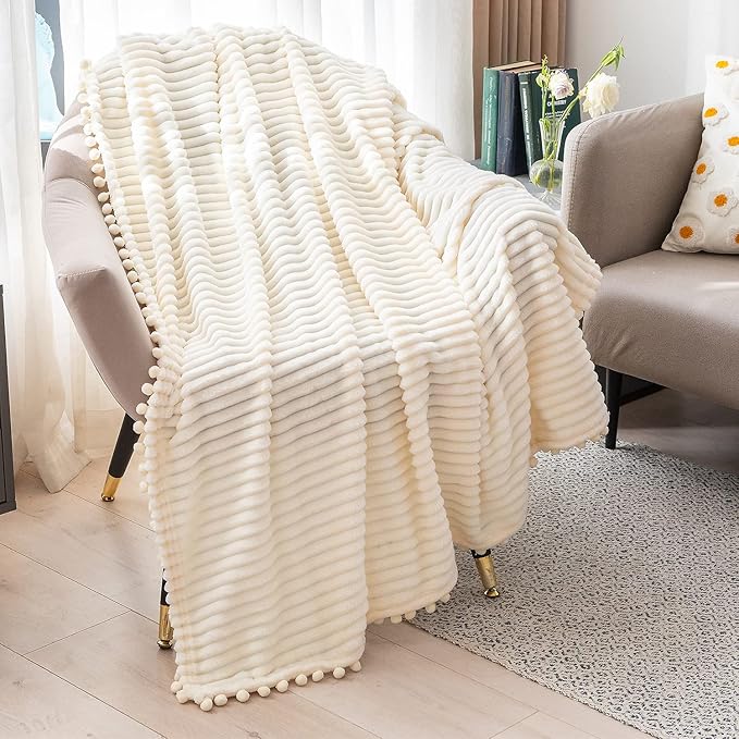 DISSA Fleece Blanket Queen Size – 90x90, Beige - Soft, Plush, Fluffy, Fuzzy, Warm, Cozy – Perfect Throw for Couch, Bed, Sofa - with Pompom Fringe - Flannel Blanket