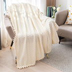 DISSA Fleece Blanket Queen Size – 71x80, Beige - Soft, Plush, Fluffy, Fuzzy, Warm, Cozy – Perfect Throw for Couch, Bed, Sofa - with Pompom Fringe - Flannel Blanket