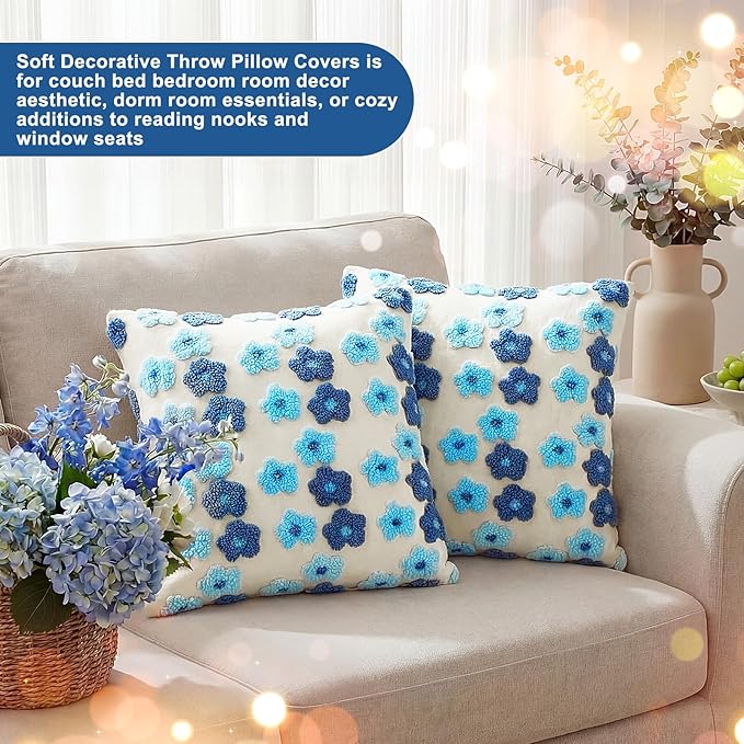2 Pack Soft Embroidered Blue Flowers Throw Pillow Covers 18 x 18 Decorative Square Pillow Covers with Zipper Pillowcases Cute Faux Fur Plush Pillows Cover for Sofa Bedroom Living Room