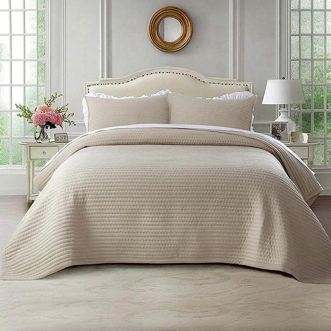 KASENTEX Oversized Queen Quilt Set 102"x106" – Soft Washed 3-Layer Lightweight Bedspread, Minimalist Nordic Design, All-Season Spring & Summer Quilt Set (1 Quilt + 2 Pillow Shams),Light Taupe