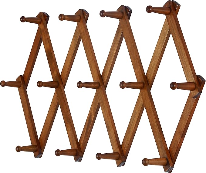Dseap Accordian Wall Hanger: 16” High Wooden Wall Expandable Coat Rack, Hat Rack Holder, Accordion Hook for Baseball Caps, Coats, Mugs, 13 Peg Hooks, Brown