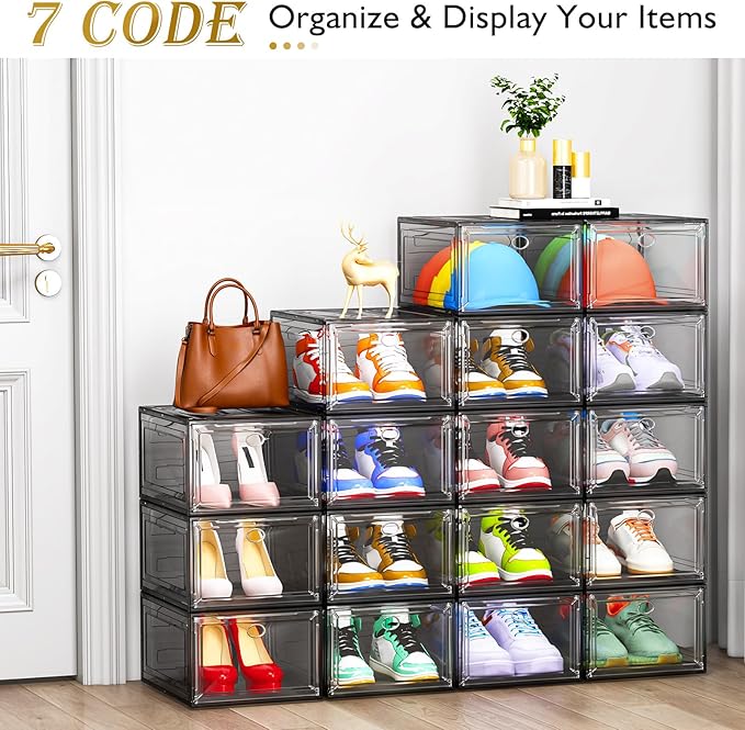 7 code Large Clear Shoe Boxes Organizer【Thicker Material】 Stronger Shoe Box with Magnetic Door, Stackable Shoe Storage Box for Closet, Foldable Space-Saving Storage Bins Shoe Cabinet, Black 9-Pack