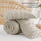 Bedsure Tufted Boho Comforter Set Queen Size - Linen Boho Bed Set, GentleSoft™ 3 Pieces Farmhouse Shabby Chic Embroidery Bedding, Gifts for Woman, Soft Jacquard Queen Comforter for All Seasons