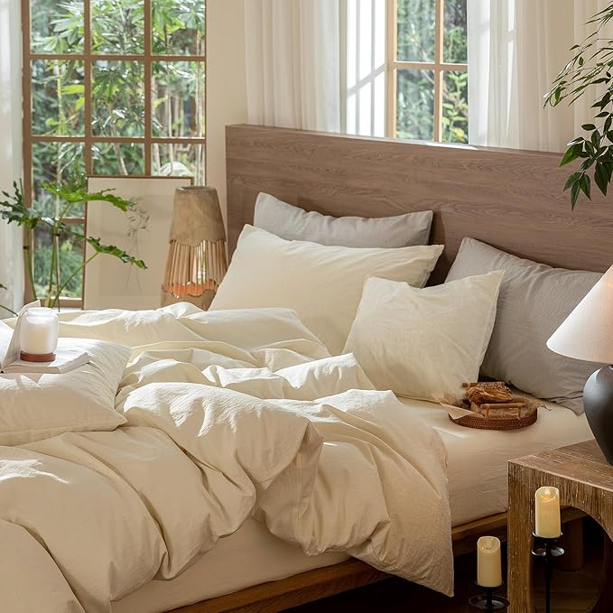 MooMee Wavy Striped Duvet Cover Set 100% Washed Cotton Linen Like Textured Breathable Durable Soft Comfy (Cream White, Super King Plus 120"x120")