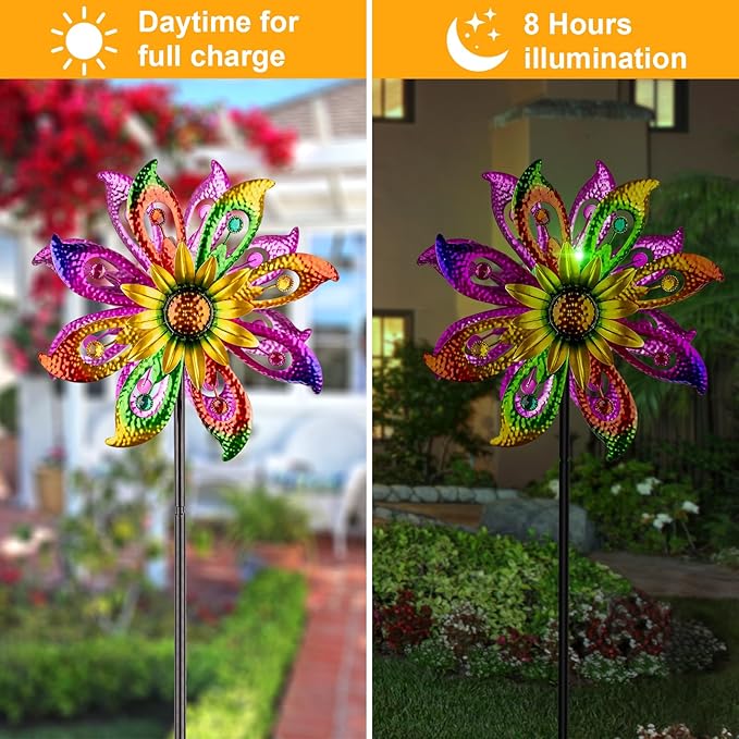 Solar Wind Spinner, 60.6 Inch Outdoor Metal Stake Yard Spinners, Sunflower Garden Outdoor Decor Yard Lawn Art Decor for Patio Kinetic Windmills Unique Gifts for Friends and Family