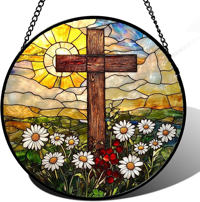 Christian Gifts for Women - Cross Stained Glass Window Hanging Easter Golden Sun Daisy Floral Sun Catcher Garden Religion Decor Mother's Day Catholic Gift for Men Grandma Nana Her 9.8"