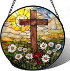Christian Gifts for Women - Cross Stained Glass Window Hanging Easter Golden Sun Daisy Floral Sun Catcher Garden Religion Decor Mother's Day Catholic Gift for Men Grandma Nana Her 7.8"