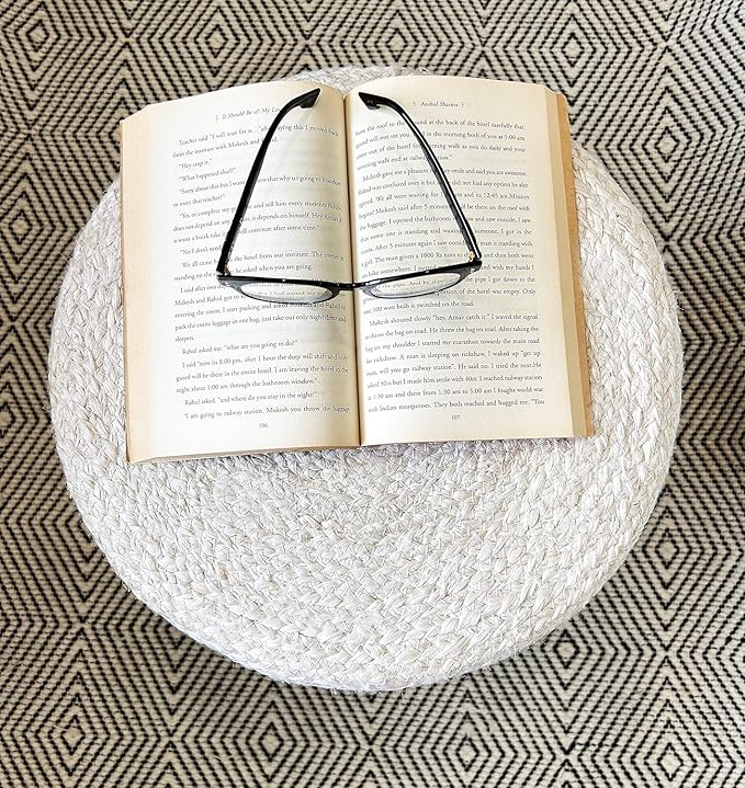 Jute Pouf Ottoman | Footrest Pouf | Hand Braided - Round Boho Pouffe - for Living Room, Bedroom, Nursery (16"x16"x16") Ivory