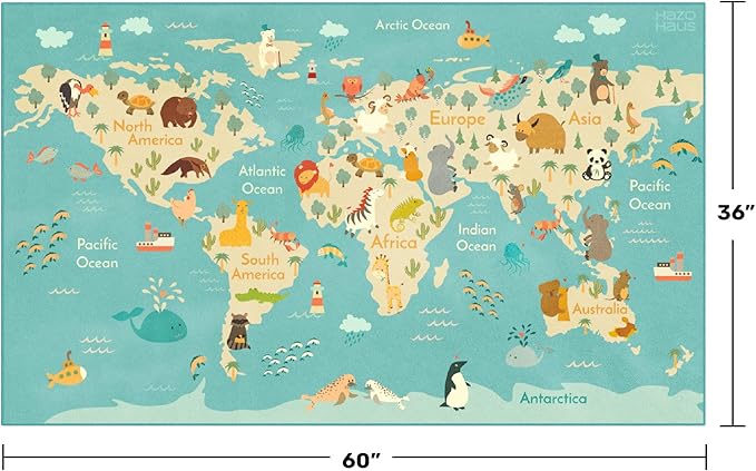 3x5 Animal World Map Rug for Kids Nursery – Soft Educational Play Mat with Cute Animals by Continent, Washable Stain Resistant Toddler Bedroom Rug - Blue