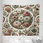 Ambesonne Flower Tapestry King Size, Circular Floral Wreath with Greenery Leaves Ornaments Modern Cottagecore, Wall Hanging Bedspread Bed Cover Wall Decor, 104" X 88", Reseda Green Pale Ruby
