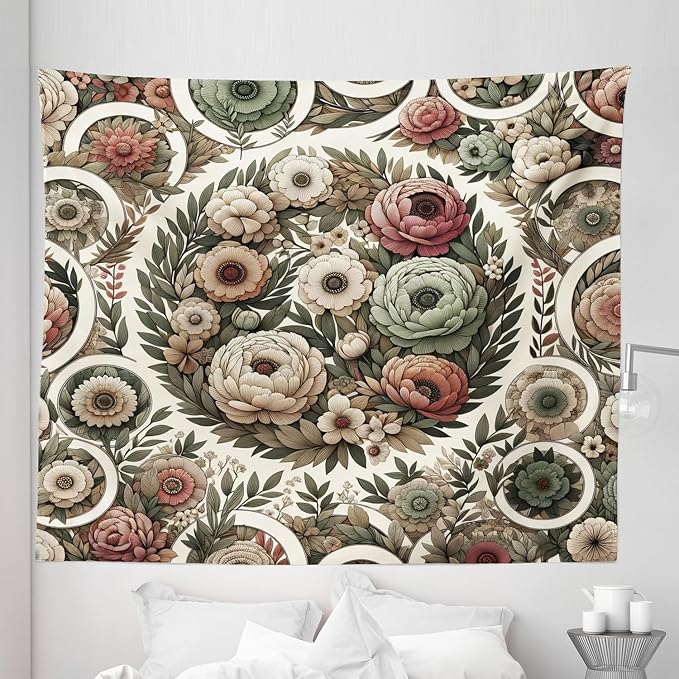 Ambesonne Flower Tapestry King Size, Circular Floral Wreath with Greenery Leaves Ornaments Modern Cottagecore, Wall Hanging Bedspread Bed Cover Wall Decor, 104" X 88", Reseda Green Pale Ruby