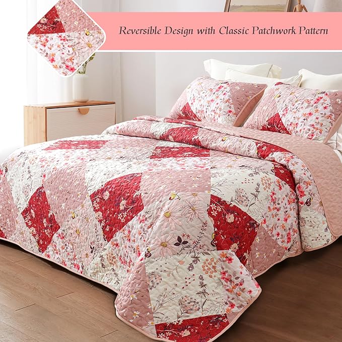 Whale Flotilla Patchwork Quilts Queen Size, Extra Soft Boho Floral Bedspreads for Bed Reversible Lightweight Full Queen Quilt Bedding Set Printed Coverlets with 2 Pillow Shams for All Seasons, Red
