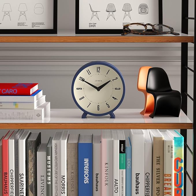 JONES CLOCKS® Venus Desk Clock | Modern Round Design | Blue | Stylish Retro Look for Shelf, Table, Mantel or Bedside