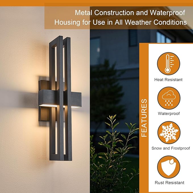 23Inch Large Modern Minimalist Outdoor Wall Light, IP65 Waterproof, 3000K Warm White, 2x15W Integrated LED, Textured Black Finish for Garden, Garage, Patio & Indoor Use