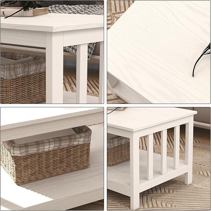 ChooChoo Farmhouse Coffee Table, Pure White Living Room Table with Shelf, 40 Inch