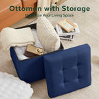 17.7" Ottoman with Storage, Square Storage Ottoman for Dorm, Linen Ottomans with Legs for Living Room, Bedroom, Blue