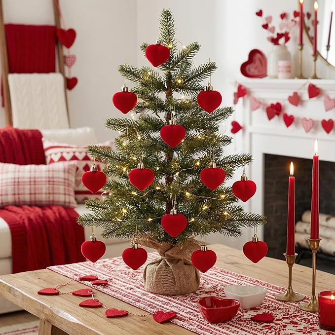 Valery Madelyn 1.57 Inches Small Red Christmas Heart Ornaments Set for Valentines Day Tree Decorations, 16ct Velvet Red Shatterproof Christmas Valentines Hanging Ball Decor