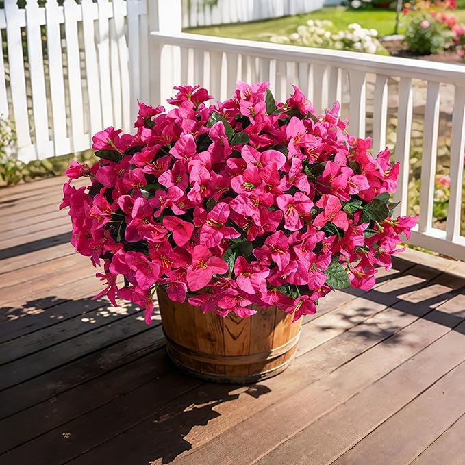 Faux Bougainvillea Artificial Flowers for Outdoors Fake Plants Spring Outdoor Decor, 4 Bundles UV Resistant Realistic Bougainvillea Silk Flowers for Outside Porch Patio Window Planter Garden Home