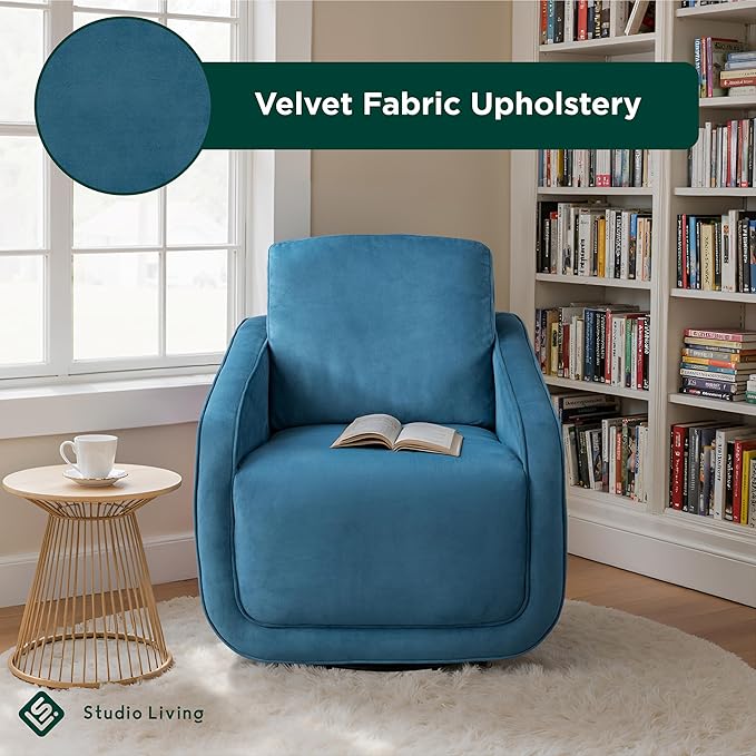 Studio Living® Lydia 35.3" Swivel Accent Chair, Modern Boho, Fully Assembled, Pocket Coil Comfort, Round Swivel Base Leg, Soft Velvet Fabric, Blue