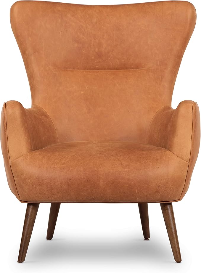 Poly & BARK Aida Leather Lounge Chair Set of 2 – 40.5” Mid-Century Accent Chairs for Living Room or Bedroom – Full-Grain Italian Leather, Feather-Down Comfort, Solid Wood Legs – Cognac Tan