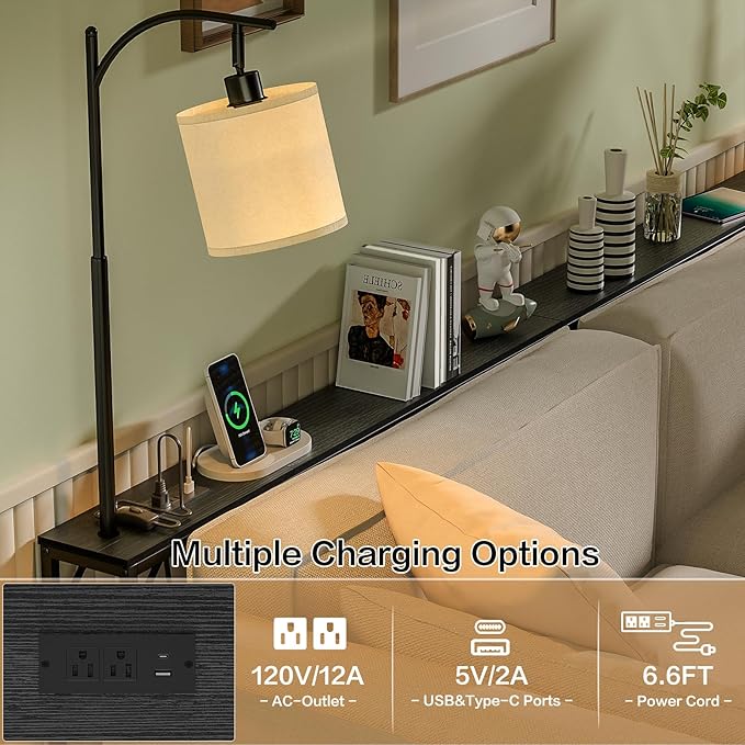 keomaisyto Skinny Console Table with Outlet & 3-Color Light, Sofa Tables Narrow Long - 3 Color Temperature Bulb Adjustable, Behind The Couch Table for Living Room, Bedroom, Balck