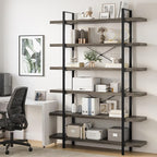 Bookshelf Set, Heavy Duty 6-Tier Industrial Bookcase, 47" Wide Wood Bookshelf for Home Office, 120lbs Shelf Capacity, Rustic Open Display with Horizontal Shelf for Living Room Bedroom, Grey