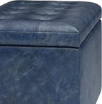 SIMPLIHOME Cosmopolitan Storage Ottoman - 34 inch Wide Upholstered Vegan Leather Rectangle Storage Ottoman Bench in Denim Blue, Transitional Tufted Ottoman for Living Room or Entryway with Lift-Up Lid