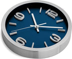 Bernhard Products Wall Clock 10 Inch Modern Silver Round Elegant Metal Quality Quartz, Silent Non Ticking Battery Operated Home Office Clock with 3D Numbers (Silver & Prussian Blue)