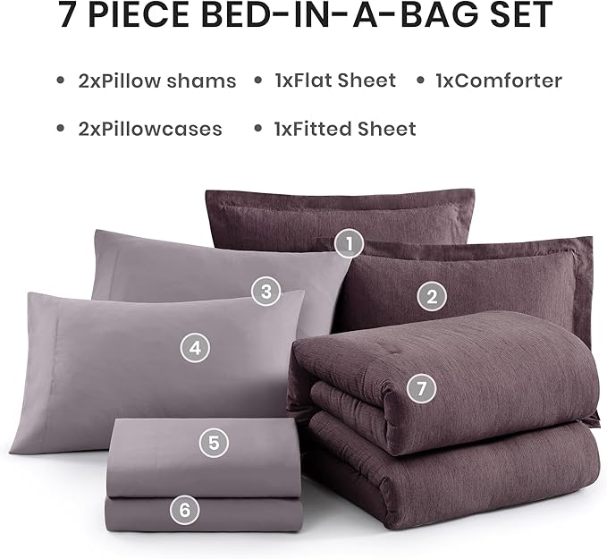 Monbix California King Comforter Set - 7 Pieces Cationic Dyeing Italian Plum Bed in a Bag Cal King Bed Sets with Comforter, Sheets, Pillowcases & Shams, Reversible Bedding Comforters Sets