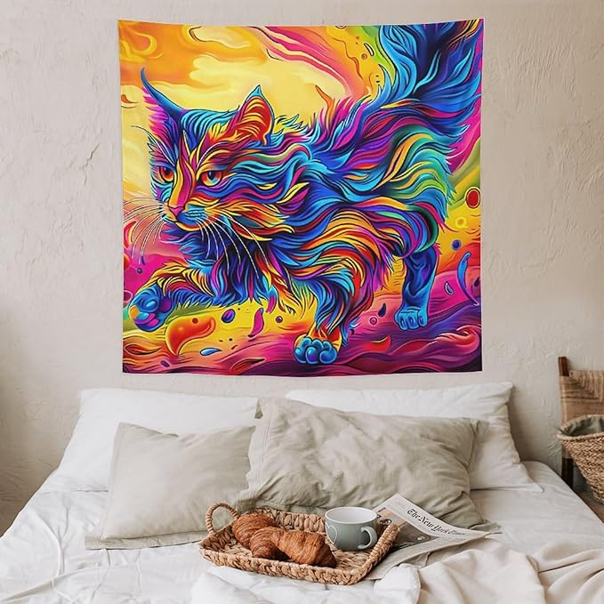 VUMIVI Colorful Cat Tapestry Pet Oil Painting Print Rainbow Colorful Abstract Art Pattern Tapestry Wall Hanging for Living Room Bedroom Dorm Classroom Aesthetic Decor W60xL60in
