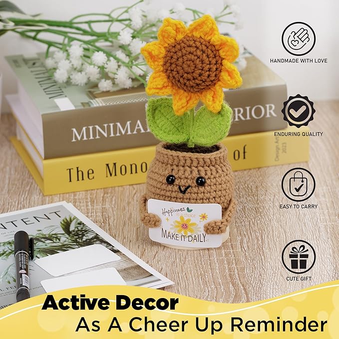 DUGATO Handmade Crochet Positive Sunflower with Magnetic Hands & 10 Customizable Cards - Uplifting Gift for Women, Friends, Coworkers - Cute Desk Decor for Office & Home