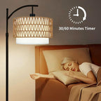Arc Floor Lamp with Table and Shelves,Rattan Boho Floor Lamp with Remote Control,Rustic Floor Lamps for Bedroom Wicker Standing Lamp with 3 Color Temperature Tall Lamp for Living Room Corner