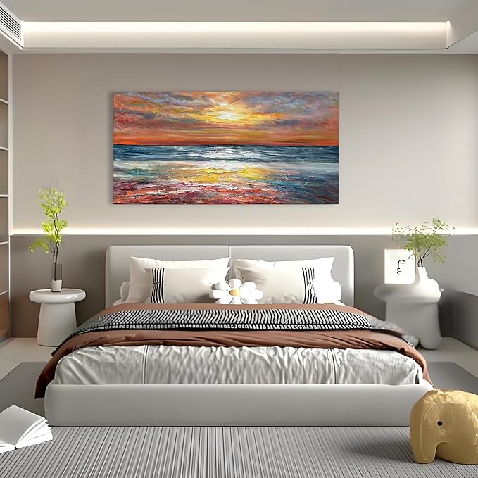 Art Sea Sunset Landscape Modern Abstract Oil Painting Oil on Canvas Wall Art Decoration 30x60 inches