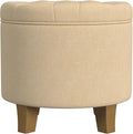 HomePop by Kinfine Fabric Upholstered Round Storage Ottoman - Button Tufted Ottoman with Removable Lid, Light Tan Textured Solid