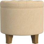 HomePop by Kinfine Fabric Upholstered Round Storage Ottoman - Button Tufted Ottoman with Removable Lid, Light Tan Textured Solid