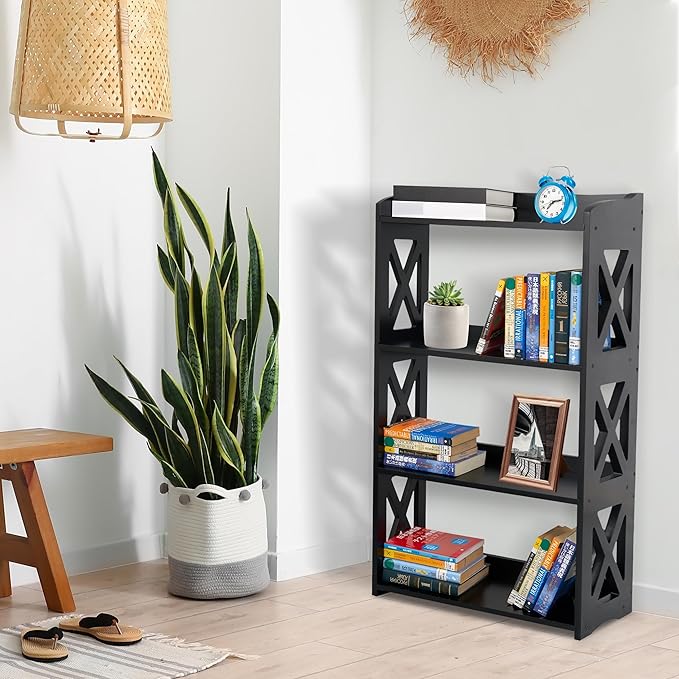 Black Bookcase by Natural Wood, 4 Tier Bookshelf, Small Book Shelves Freestanding Display Storage Shelves. Open Bookshelf for Bedroom, Living Room and Office (Black, 4 Tier)