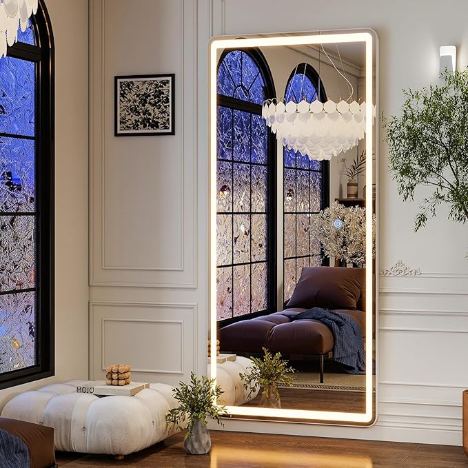 GLSLAND 65"x26" LED Mirror Full Length, Aluminum Alloy Floor Mirrors with Lights, 3 Color Lighting & Dimming for Bedroom Decorative Wall Mounted, White