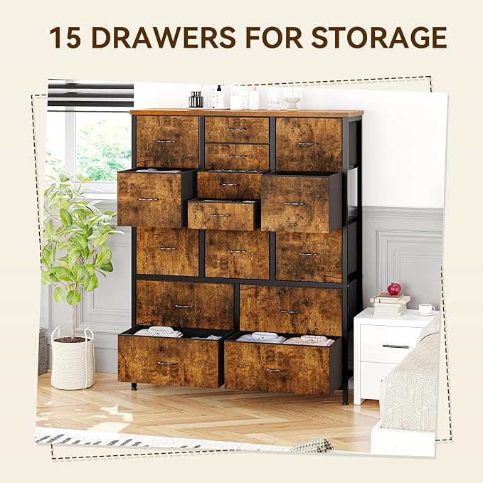 GarveeHome 15 Drawers Dressers, Chest of Drawers with Wood Tabletop, Metal Frame, Storage Organizer Unit with Fabric, Tall Dressers for Bedroom Living Room Hallway Entryway, Rustic Brown
