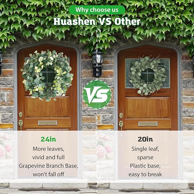 24 Inch Spring Wreath for Front Door, Spring Eucalyptus Wreath for Grapevine Farmhouse with Silk Printing Dollar Leaves Wreaths for Festival Celebration Front Door Wall Window Home Décor