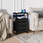 Tall Nightstand Set of 2 with Charging Station, Bed Side Tables Bedroom Set of 2, Black Night Stand Set 2, Bedside Table with 3 Fabric Drawers, Night End Table with Storage for Bedroom, Dorm