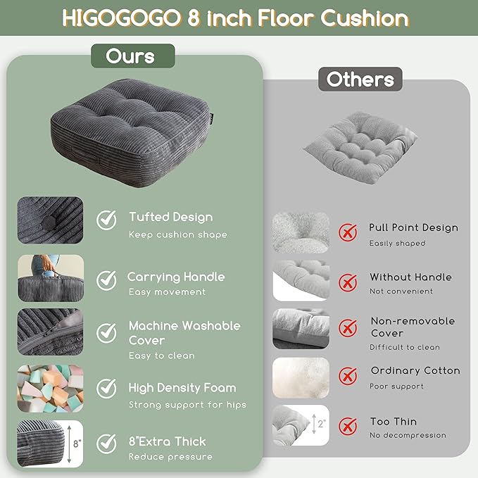 8" Washable Floor Pillow Cushion for Adults, Meditation Cushion Pillow, Large Square Floor Sitting, Removable Tufted Corduroy Cover, for Tatami Living Room or Yoga, 22x22 Inch, Machine Washable