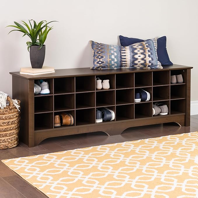 Prepac 24 Pair Shoe Cabinet, Entryway Bench, Mud Room Organization and Storage Bench with 24 Shoe Cubbies, Brown, 15.5"D x 60"W x 20.25"H