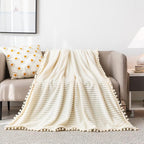 DISSA Fleece Blanket Queen Size – 90x90, Beige - Soft, Plush, Fluffy, Fuzzy, Warm, Cozy – Perfect Throw for Couch, Bed, Sofa - with Pompom Fringe - Flannel Blanket