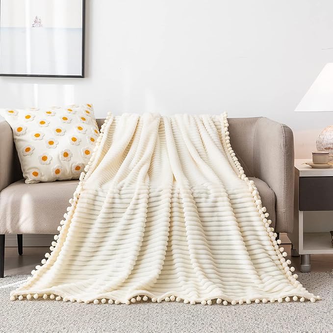 DISSA Fleece Blanket Queen Size – 71x80, Beige - Soft, Plush, Fluffy, Fuzzy, Warm, Cozy – Perfect Throw for Couch, Bed, Sofa - with Pompom Fringe - Flannel Blanket