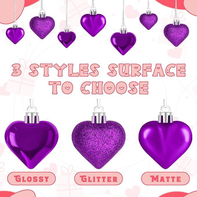 24PCS Heart Shaped Ornaments, Purple, 2 Sizes Valentines Hanging Ornaments, Glossy Baubles for Wedding Anniversary Tree Party Decorations