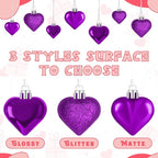 24PCS Heart Shaped Ornaments, Purple, 2 Sizes Valentines Hanging Ornaments, Glossy Baubles for Wedding Anniversary Tree Party Decorations