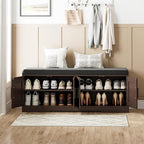 2-Tier Storage Bench, Shoe Bench with Thickened Padded Seat Cushion, Entryway Bench with 4 Doors, Adjustable Shelf, 13.8" D x 45.3" W x 18.5" H, for Entryway, Living Room, Bedroom, Brown